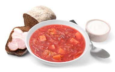 Tasty borscht, sour cream and bread with ham isolated on white