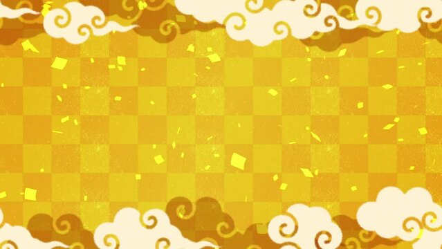 雲文様が流れる飾りのなか、金色の紙吹雪が舞うお正月のアニメーション背景　ループ素材