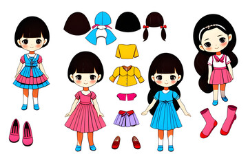 It is a paper doll depicting a girl. These are paper dolls that children like to cut out of paper and play with. Generative AI.