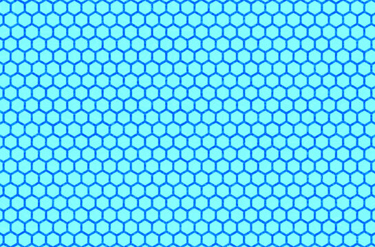 Image with hexagonal light blue background. Border of cells with rounded hollow wire shapes with strong blue interior on pattern of hexagons with blue gradient. Light blue cell interior .