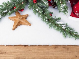Fototapeta na wymiar Christmas wooden background with snow fir tree. View