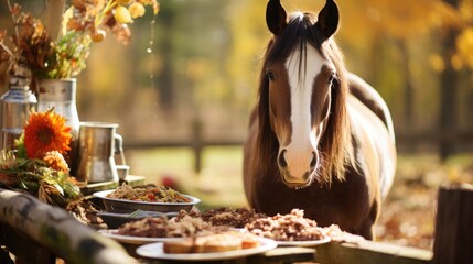 Horse Indulging in a Bountiful Thanksgiving Feast: A Captivating Photograph of Equine Enjoyment - obrazy, fototapety, plakaty