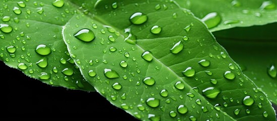 A shot taken up close showing droplets of water on a leaf that is green in color