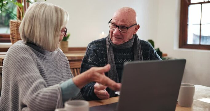 Senior, couple and stress with documents and laptop for planning or investment for retirement in living room. Elderly, person or paperwork with argument and technology at table in lounge of home