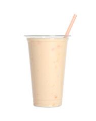 Plastic cup of tasty smoothie isolated on white