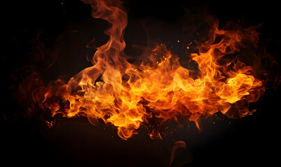 Fototapeta premium Ai generated texture of fire on a black background, fire flame, burning fire on a dark area, fire background, fire frame, fire flames background
