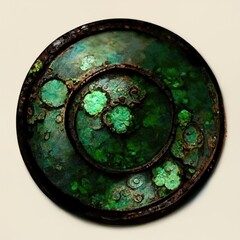 Obraz na płótnie Canvas Abstract grunge texture of emerald green oxidized copper metal round discs, circles within circles. 
