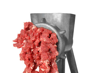 Metal meat grinder with minced beef isolated on white