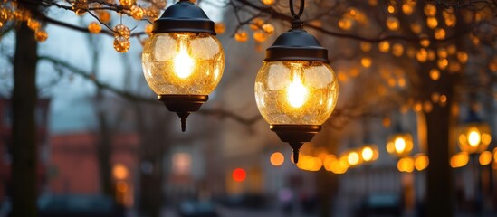 In the daytime the decorative bulbs on the urban street lighting lantern hang without illumination...