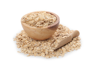 Wooden bowl and scoop with oatmeal isolated on white