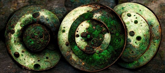 Abstract grunge texture of emerald green oxidized copper metal round discs, circles within circles.  