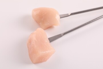 Fondue forks with pieces of raw meat isolated on white