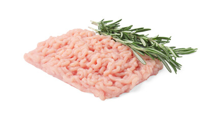 Fresh raw minced meat and rosemary isolated on white
