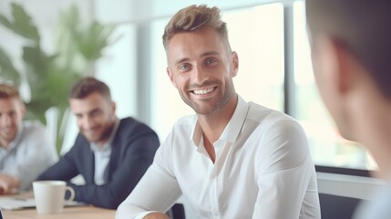 Fototapeta premium Smiling young male bank manager listening at team work office meeting or job interview sitting at table. generative AI