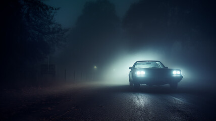 Fototapeta na wymiar dangerous autumn road in fog and rain, slippery asphalt twilight on the highway car concept background