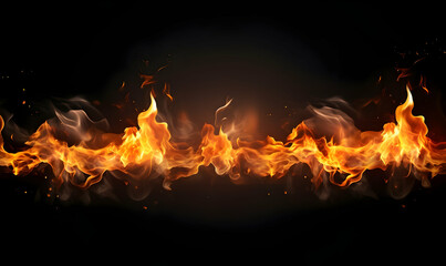 Ai generated texture of fire on a black background, fire flame, burning fire on a dark area, fire background, fire frame, fire flames background