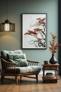 A living room with an illustration of a beautiful landscape with lotus blossoms. Generative AI. 