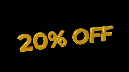 Golden 3D Sign - 20% Off for Sale promotion Banner, 3d render, isolated on black background, retail business marketing