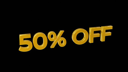 Golden 3D Sign - 50% Off for Sale promotion Banner, 3d render, isolated on black background, retail business marketing