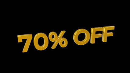 Golden 3D Sign - 70% Off for Sale promotion Banner, 3d render, isolated on black background, retail business marketing