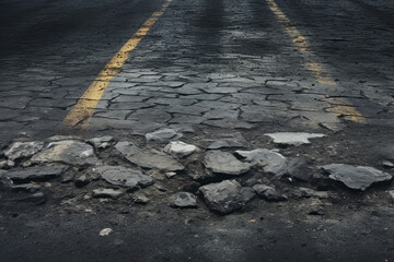 Closeup photo of the end of lane, broken highway road