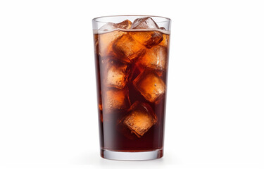 Cold brown drink in tall transparent tall glass on a white background