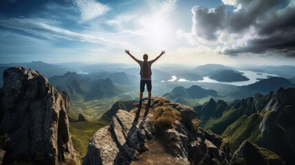A man stands on the top of a mountain with his hands raised