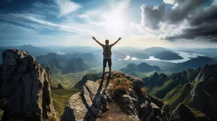 Tuinposter A man stands on the top of a mountain with his hands raised © cherezoff