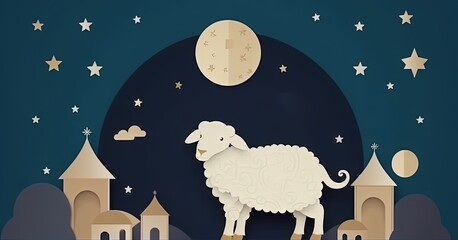 Eid Al Adha festival. Greeting card with sacrificial sheep  on cloudy night background. Eid Mubarak theme.  