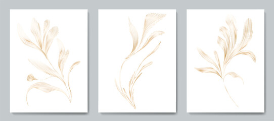 Abstract luxury art background with golden leaves in hand drawn line art style. Vector set for decoration design, print, textile, poster, wallpaper, interior design.