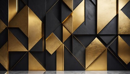 abstract background with triangles,  Abstract dark geometric 3D wall with gold and black textures in a luxurious pattern of squares and rectangles, elegant and contemporary, interior decor