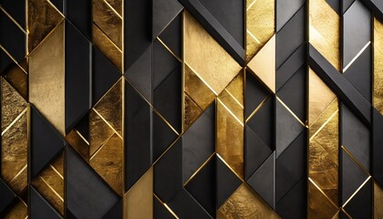  Abstract dark geometric 3D wall with gold and black textures in a luxurious pattern of squares and...