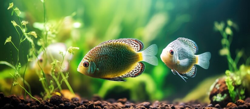 In a home aquarium there is a stunning green planted setup that replicates a tropical freshwater environment The aquarium is teeming with an assortment of fish including the vibrant and eye