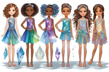 It is a paper doll depicting a girl. The girl is wearing a sparkly dress. These are paper dolls that children like to cut out of paper and play with. Generative AI.
