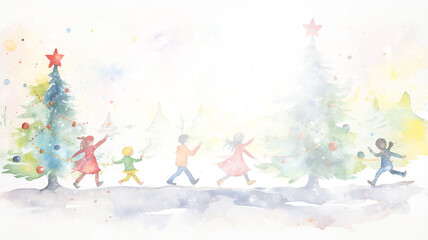 blurred white snowy abstract background, watercolor illustration children dance around a Christmas tree, holiday postcard