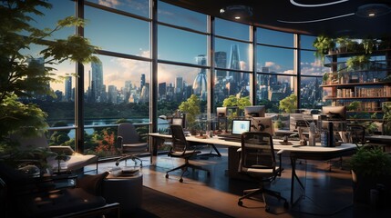 Fototapeta premium the modern office oasis, digital art illustration, Generative AI