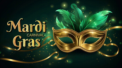 Happy Mardi Gras Carnival Poster Design with Venetian masks in gold, purple and green colors - obrazy, fototapety, plakaty
