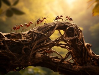 Ants climb tree teamwork
