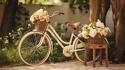 Fototapeta na wymiar background with decorated Bicycle with flowers Parked in Colorful Garden with Blooming Flowers generated by AI tool 