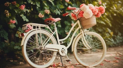 Ingelijste posters background with decorated Bicycle with flowers  Parked in Colorful Garden with Blooming Flowers generated by AI tool  © Aqsa