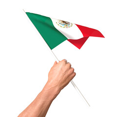 3d hand hold Mexico flag 3D render illustration, isolated on a white background