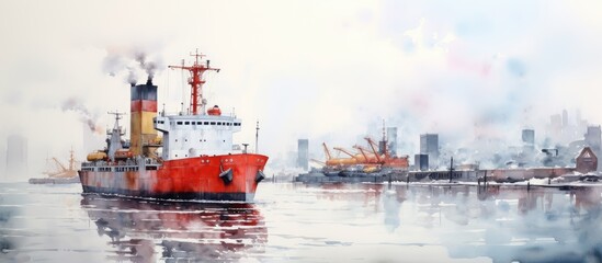 Creating an artwork using watercolor A tugboat securing a cargo vessel in the harbor - obrazy, fototapety, plakaty