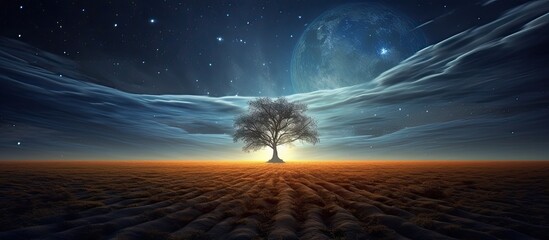 The breathtaking nocturnal scenery of a meadow with distant trees accentuated by a magnificent full moon Image editing and three dimensional illustration techniques were employed - obrazy, fototapety, plakaty