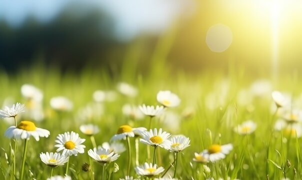 Field of daisies on the background of the bright sun. with free space for text. 