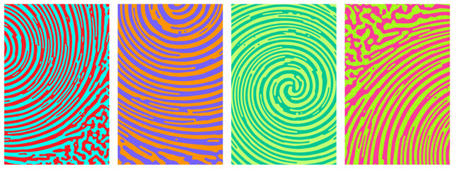 Set of bright colorful cards with swirl textures. Abstract Turing ornament halftone reaction diffusion psychedelic background.