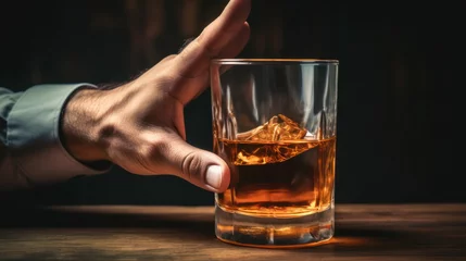 Fotobehang man refuses say no and avoid to drink an alcohol whiskey , stopping hand sign male, alcoholism treatment, alcohol addiction, quit booze, Stop Drinking Alcohol. Refuse Glass liquor, unhealthy, reject © pinkrabbit