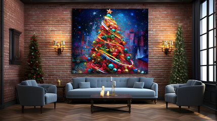 Modern minimal 3D interior design in vintage style. Christmas atmosphere in the home. Happy New Year.