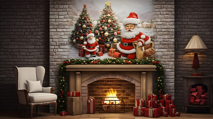 Modern minimal 3D interior design in vintage style. Christmas atmosphere in the home. Happy New Year.