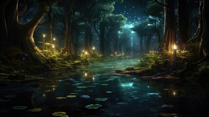 Luminous mushrooms guide through mystical forest, shimmering stream reflections. Ethereal landscape.