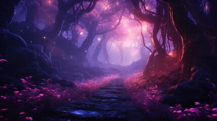 Purple-hued forest pathway with radiant lanterns among trees. Magical landscapes.
